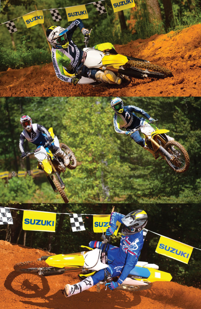 Suzuki RM-Z 450 motorkerékpárok terepen, akció közben. 